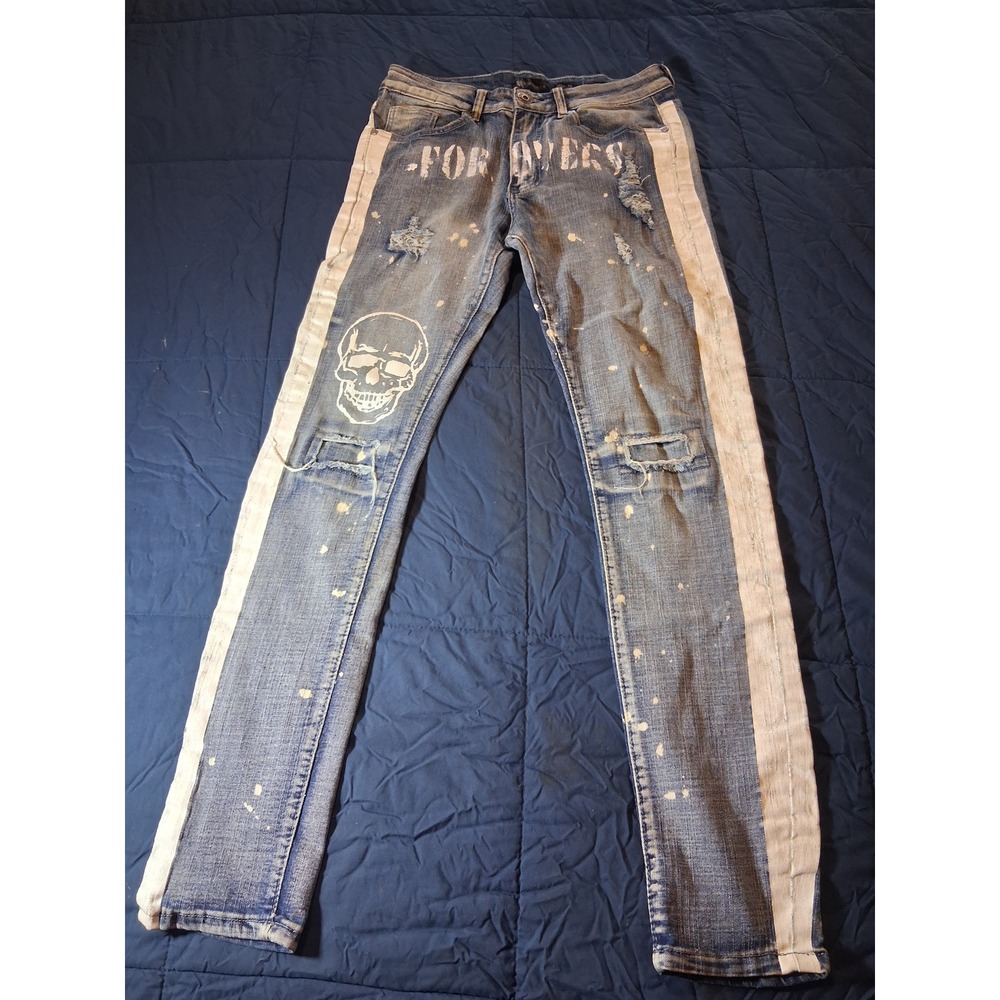Waimea Mens Skinny Fit Distressed Skull Graphic Jeans Blue White Stripe 30x30‎